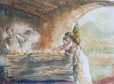 Pintura intitulada "Esparciendo la uva" por Joana Bisquert Mari, Obras de arte originais, Aquarela Montado em Outro painel r…