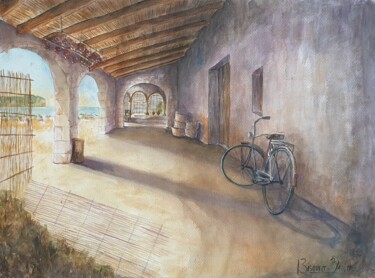 Painting titled "Bicicleta en el riu…" by Joana Bisquert Mari, Original Artwork, Watercolor Mounted on Other rigid panel