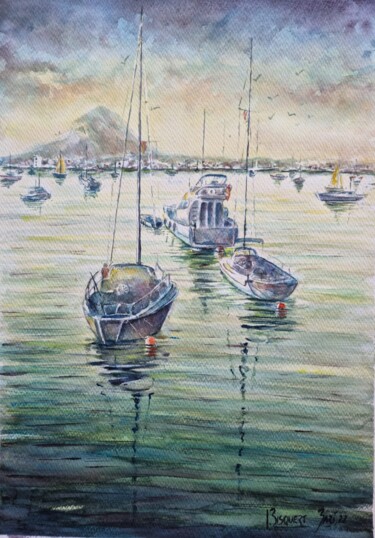 Pintura titulada "Barcos y montgo" por Joana Bisquert Mari, Obra de arte original, Acuarela Montado en Otro panel rígido