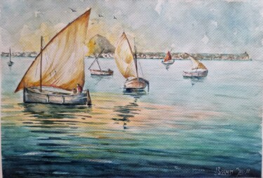 Pintura intitulada "Barcas tradicionales" por Joana Bisquert Mari, Obras de arte originais, Aquarela Montado em Outro painel…