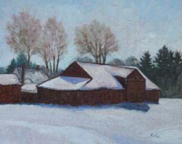 Painting titled "Red Barns in Winter" by Joan Cole, Original Artwork, Oil