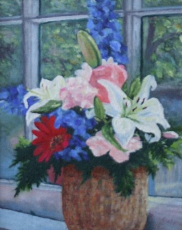 Painting titled "Basket of Flowers" by Joan Cole, Original Artwork, Oil