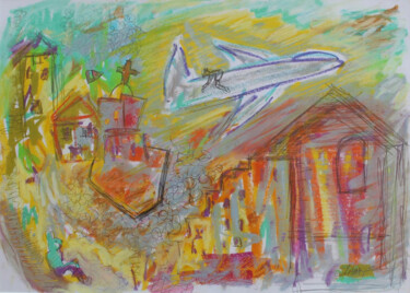 Schilderij getiteld "Dad’s plane" door Joanna Raad, Origineel Kunstwerk, Pastel Gemonteerd op Karton