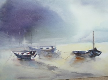 Malerei mit dem Titel "Barques à l'aube" von Joanna Z, Original-Kunstwerk
