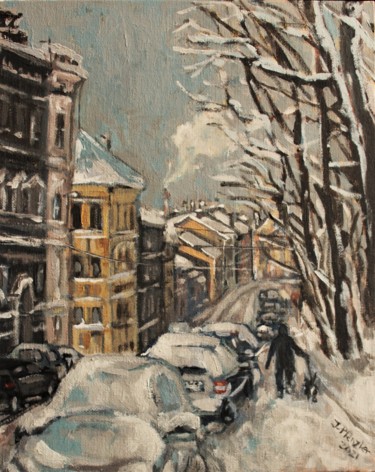 Painting titled "Winter in town" by Joanna Plenzler, Original Artwork, Acrylic