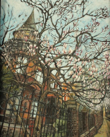 Malerei mit dem Titel "A house in magnolias" von Joanna Plenzler, Original-Kunstwerk, Acryl