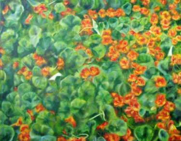 Painting titled "Nasturtiums, Italy" by Joanne Mumford, Original Artwork, Oil Mounted on Wood Stretcher frame