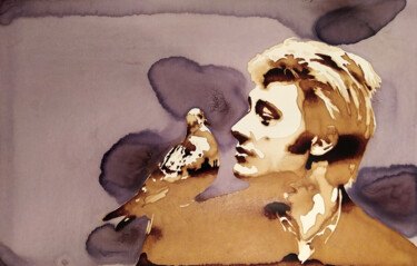 Schilderij getiteld "Johnny & pigeon" door Joany Régibier, Origineel Kunstwerk, Aquarel
