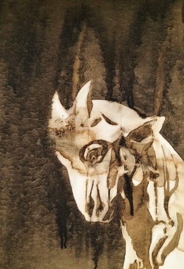 Painting titled "Gargoyle Goat" by Joany Régibier, Original Artwork, Watercolor