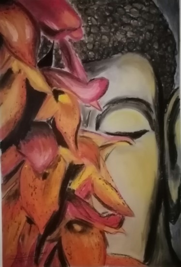 Dessin intitulée "Buda e as Flores" par João Bernardo, Œuvre d'art originale, Pastel