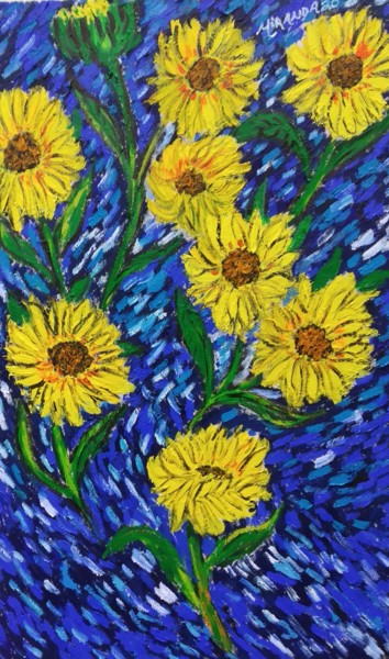 Картина под названием "sunflowers with blu…" - João Miranda, Подлинное произведение искусства, Масло