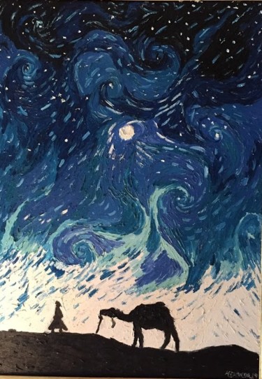 Schilderij getiteld "Night In Desert" door João Miranda, Origineel Kunstwerk, Olie