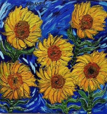 Painting titled "6 Sunflowers - Back…" by João Miranda, Original Artwork, Oil