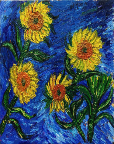 Painting titled "Five Sunflowers" by João Miranda, Original Artwork, Oil
