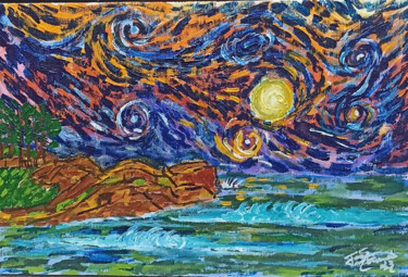 Painting titled "Moonlight on the be…" by João Miranda, Original Artwork, Acrylic