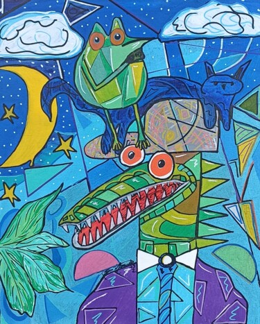 Painting titled "Croco and frog" by João Miranda, Original Artwork, Acrylic