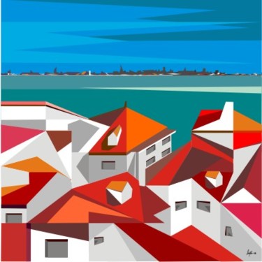 Desenho intitulada "telhados,mar,3" por João Beja, Obras de arte originais