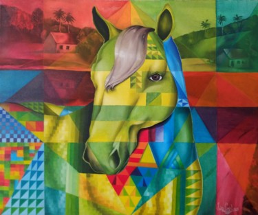 Painting titled "Cavalo" by João Carlos, Original Artwork, Oil Mounted on Wood Stretcher frame