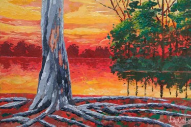 Pintura intitulada "árvore ao por do sol" por João Carlos, Obras de arte originais, Óleo