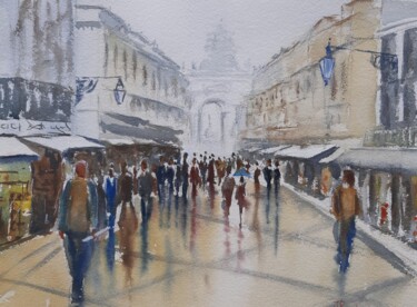 Pintura intitulada "Busy day in Lisbon" por Joaquim Pancho, Obras de arte originais, Aquarela