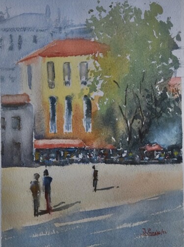 Pintura intitulada "A praça" por Joaquim Pancho, Obras de arte originais, Aquarela