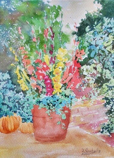 Painting titled "Aboboras e gladiolus" by Joaquim Pancho, Original Artwork, Watercolor