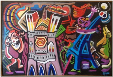 Painting titled "L'incendie de Notre…" by Joaquín A. Sales, Original Artwork, Acrylic Mounted on Wood Stretcher frame