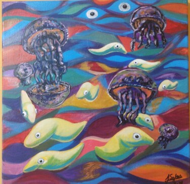Painting titled "Jellyfishes and bai…" by Joaquín A. Sales, Original Artwork, Acrylic