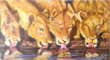 Painting titled "Drinking lions" by Joaquín A. Sales, Original Artwork, Oil