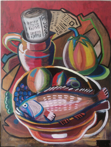 Painting titled "Still life with fis…" by Joaquín A. Sales, Original Artwork, Acrylic Mounted on Wood Stretcher frame