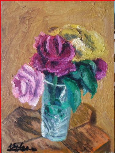 Картина под названием "Verre avec roses" - Joaquín A. Sales, Подлинное произведение искусства, Масло