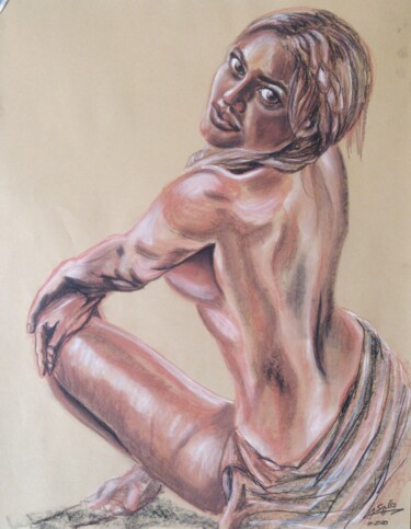 Drawing titled "Woman sitting" by Joaquín A. Sales, Original Artwork, Conté