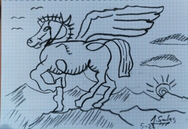 Zeichnungen mit dem Titel "pégase le cheval vo…" von Joaquín A. Sales, Original-Kunstwerk, Kohle
