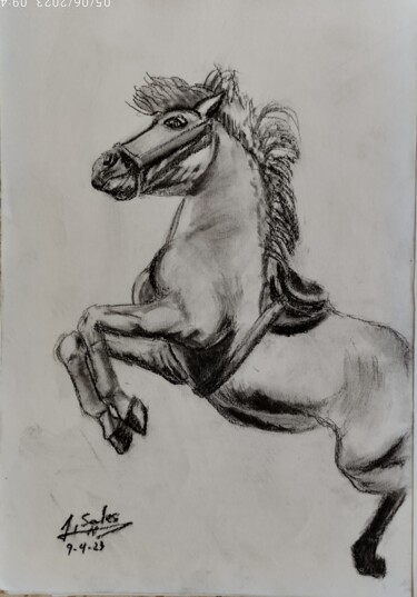 Dessin intitulée "Le cheval volant" par Joaquín A. Sales, Œuvre d'art originale, Conté