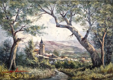 Schilderij getiteld "Paisaje con aldea" door Joaquin Sabaté Casanova (Quimet Sabaté Casanova), Origineel Kunstwerk, Olie