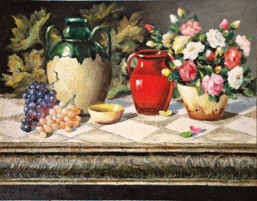 「Bodegón con uvas」というタイトルの絵画 Joaquin Sabaté Casanova (Quimet Sabaté Casanova)によって, オリジナルのアートワーク, オイル