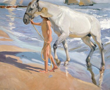 Schilderij getiteld "Le bain du cheval" door Joaquín Sorolla, Origineel Kunstwerk, Olie