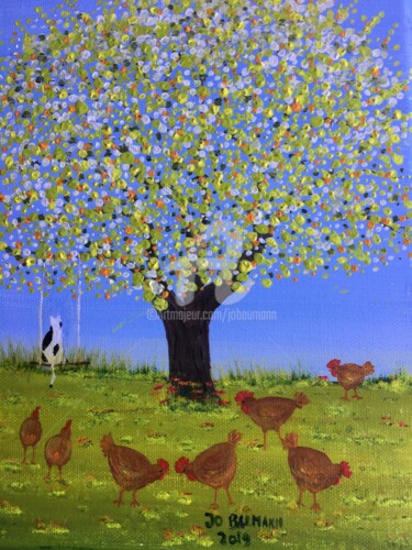 Peinture intitulée "les poules" par Jo  Baumann, Œuvre d'art originale, Acrylique