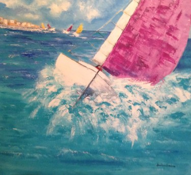 Painting titled "Quelle course !" by Jocelyne Lemieux, Original Artwork, Oil