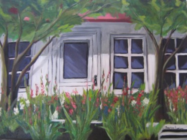 Painting titled "La maison fleurie" by Jocelyne Lemieux, Original Artwork, Oil Mounted on Wood Stretcher frame