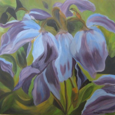 Painting titled "Pavots bleus" by Jocelyne Lemieux, Original Artwork, Oil Mounted on Other rigid panel