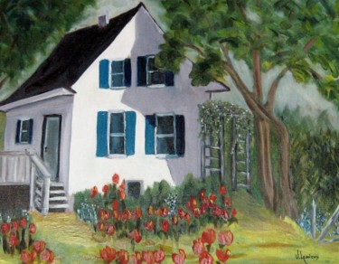 Pintura intitulada "La maison aux tulip…" por Jocelyne Lemieux, Obras de arte originais, Óleo Montado em Armação em madeira