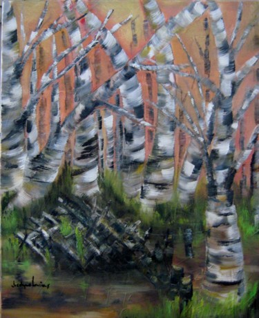 Painting titled "La cabane des casto…" by Jocelyne Lemieux, Original Artwork, Oil Mounted on Wood Stretcher frame