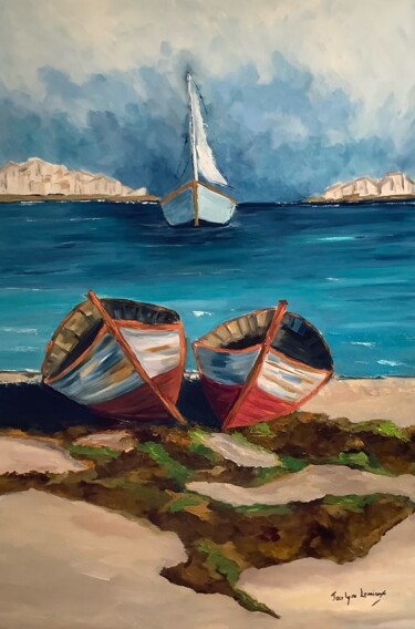 Malerei mit dem Titel "Barques à la retrai…" von Jocelyne Lemieux, Original-Kunstwerk, Öl Auf Keilrahmen aus Holz montiert