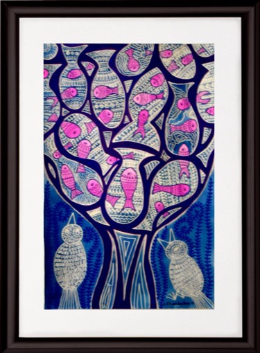 Collages intitulée "arbre-aux-poissons.…" par Jocelyne Chambellan, Œuvre d'art originale