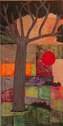Collagen mit dem Titel "arbre-au-soleil-rou…" von Jocelyne Chambellan, Original-Kunstwerk