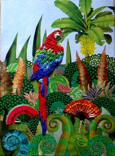 Collages intitulée "le perroquet" par Jocelyne Chambellan, Œuvre d'art originale