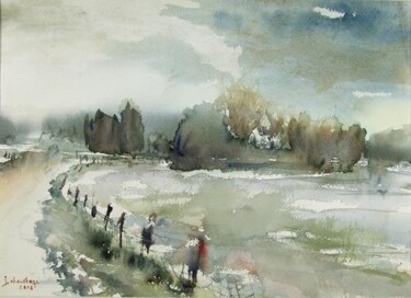 Painting titled "Chemin sous la neige" by Jocelyne Chauveau, Original Artwork, Watercolor