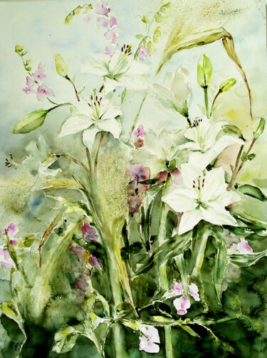 Lys blancs et pois de senteur sauvages Peinture intitulée "Lys blancs et pois…" par Jocelyne Chauveau, Œuvre d'art originale, Huile