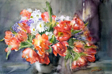 Peinture intitulée "Bouquet de tulipes…" par Jocelyne Chauveau, Œuvre d'art originale, Aquarelle